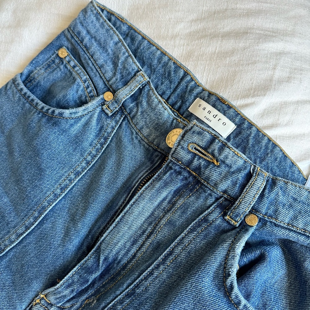 Sandro High Rise Blue Denim Jeans with Front Pocket and Button Detailing